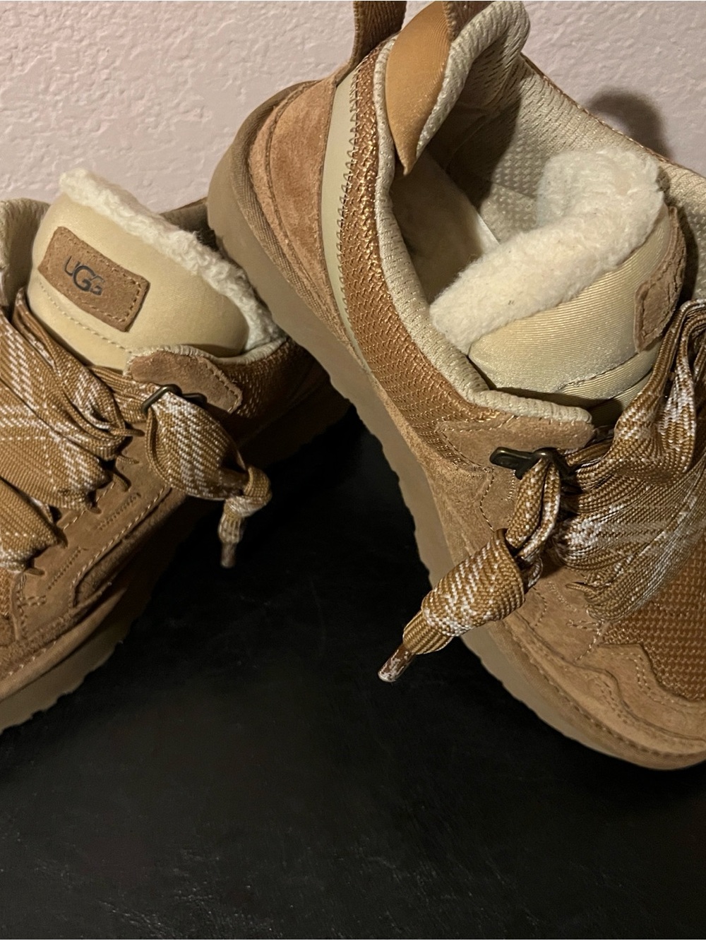 UGG women’s Tan Suede Lace-Up Shearling Boots